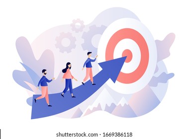 Efforts to achieve target. Perseverance, Challenge, Career and personal growth. Tiny people businessmen running towards the goal. Modern flat cartoon style. Vector illustration on white background