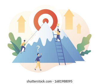 Efforts to achieve target. Perseverance, Challenge, Career and personal growth. Tiny people businessmen. Modern flat cartoon style. Vector illustration on white background