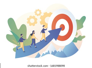 Efforts to achieve target. Perseverance, Challenge, Career and personal growth. Tiny people businessmen running towards the goal. Modern flat cartoon style. Vector illustration on white background