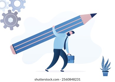 Efforts in business development. Businessman taking heavy pressure, man carry huge pencil. Male writer or blogger with burnout, emotional stress. Effectiveness and productive. flat vector illustration