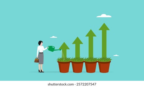 efforts to develop business success, growing business graph tree, strategy to reach business goal, businesswoman watering plants on a business financial tree diagram concept vector illustration