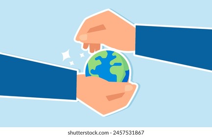 Efforts to preserve global peace, ecology, and sustainability, prioritizing environmental care and support, concept of Businessman holds Earth, cares  shields