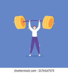 efforts to strengthen economic and financial conditions. efforts to grow the business and earn more profit or money. challenges and burdens for success. a businessman lifts a coin barbell. concept