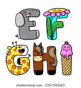 EFGHI decorated letters illustration, funny alphabet, print design