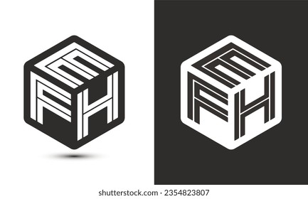 Diseño del logotipo de letras EFH con el logotipo del cubo ilustrador, logotipo vectorial estilo moderno de superposición de tipos de letra del alfabeto. Icono del logotipo de Premium Business. Color blanco sobre fondo negro