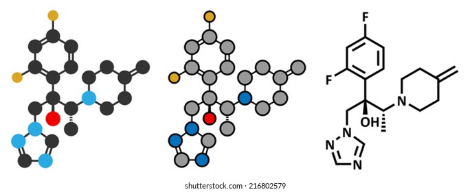 Efinaconazole antifungal drug molecule. Conventional skeletal formula and stylized representation, showing atoms (except hydrogen) as color coded circles.