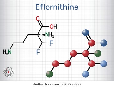 Eflornithine molecule. It is trypanocidal drug, used in treatment of facial hirsutism, African trypanosomiasis. Structural chemical formula, molecule model. Sheet of paper in cage. Vector illustration