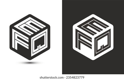 Diseño del logotipo de la letra EFQ con el logotipo del cubo ilustrador, logotipo vectorial estilo moderno de superposición de tipos de letra del alfabeto. Icono del logotipo de Premium Business. Color blanco sobre fondo negro