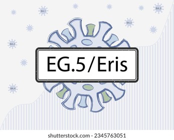 EG.5 - Eris in the sign. Coronovirus with spike proteins of a different color symbolizing mutations. New Omicron subvariant against the background of covid-19 case statistics.