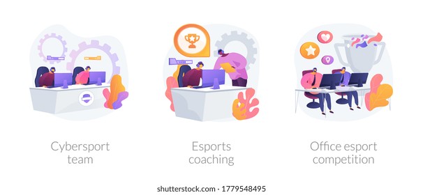 E-games tournament abstract concept vector illustration set. Cybersport team performance, esports coaching, office esport competition, computer club, battle arena, live streaming abstract metaphor.