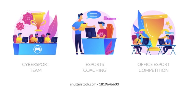 E-games tournament abstract concept vector illustration set. Cybersport team performance, esports coaching, office esport competition, computer club, battle arena, live streaming abstract metaphor.