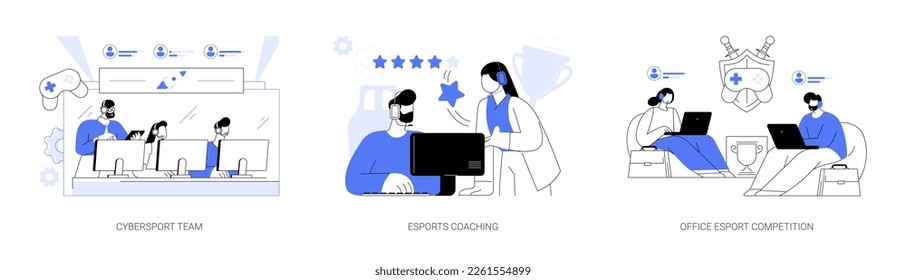 E-games tournament abstract concept vector illustration set. Cybersport team performance, esports coaching, office esport competition, computer club, battle arena, live streaming abstract metaphor.