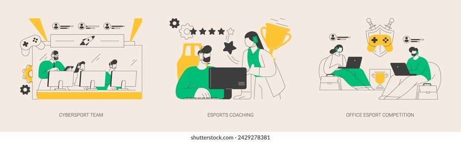 E-games tournament abstract concept vector illustration set. Cybersport team performance, esports coaching, office esport competition, computer club, battle arena, live streaming abstract metaphor.