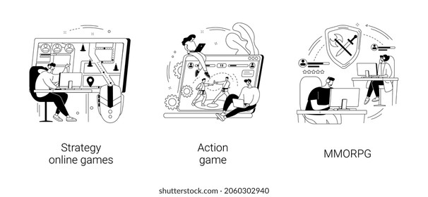 E-gaming industry abstract concept vector illustration set. Strategy online games, pc action game, MMORPG multiplayer, real-time battle arena, player avatar, console controller abstract metaphor.