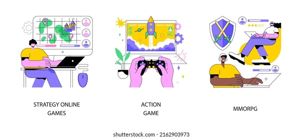 E-gaming Industry Abstract Concept Vector Illustration Set. Strategy Online Games, Pc Action Game, MMORPG Multiplayer, Real-time Battle Arena, Player Avatar, Console Controller Abstract Metaphor.