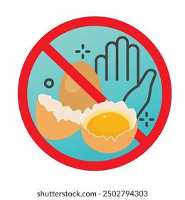 Egg allergy sign illustrate with cute cartoon, hand and warning sign in red line