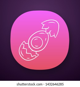 Egg app icon. Salad ingredient. UI/UX user interface. High protein and cholesterol diet product. Hard boiled chicken egg with broken eggshell. Web or mobile application. Vector isolated illustration