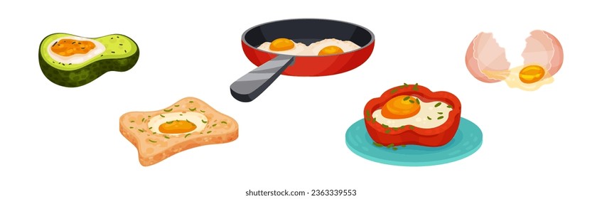 Egg in Avocado, Pepper, on Sandwich and Fried in Frying Pan Vector Set