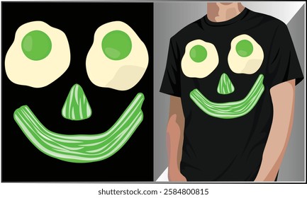 Egg and bacon egg face funny t-shirt design, Breakfast costume t-shirt, Cartoon retro bacon and egg vector, Cute kawaii bacon and fried egg.