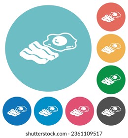 Egg and bacon flat white icons on round color backgrounds