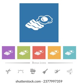 Egg and bacon flat white icons in square backgrounds. 6 bonus icons included.