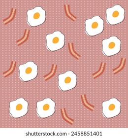 Egg and Bacon illustration on pink background with dot pattern. Breakfast food, pastry pattern for wallpaper, surface design and fabric pattern