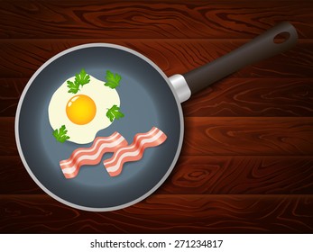 Egg and bacon on frying pan on brown wooden table. Vector image can be used for restaurant and cafe menu design, food posters, print cards and other crafts.