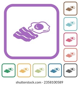 Egg and bacon simple icons in color rounded square frames on white background