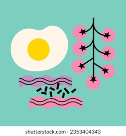 Egg, bacon and tomatoes for breakfast. Top view. Abstract flat vector illustration. Healthy food concept.