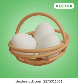 egg basket 3D vector icon set, on a green background