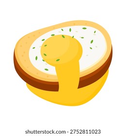 Egg in a Basket Breakfast Illustration Featuring Toasted Bread with Sunny Side Up Egg, Golden Runny Yolk Dripping Over Crispy Toast and Sprinkled Green Herbs