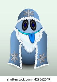 Egg bearded old man in a fur coat and hat with snowflakes.