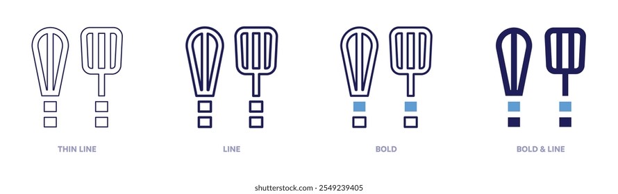 Ícone de batedor de ovos em 4 estilos diferentes. Linha fina, Linha, Negrito e Linha Negrito. Estilo duotônico. Traçado editável.