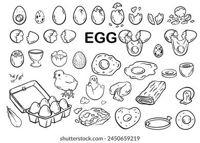 Egg Big doodle vector set. eggs, eggshell, fried eggs, chicks, omelette, poached, soft-boiled eggs, container, egg box for poster, flyer, cookbook, recipe, breakfast, cafe, farm packages designs