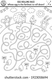 Egg Black And White Rolling Race Labyrinth. Easter Maze For Children. Holiday Outline Preschool Printable Educational Activity. Funny Spring Game Or Coloring Page With Cute Animals