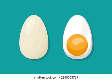 Huevo. Huevos cocidos. Icono de huevo de pollo cocido aislado en fondo azul. Huevos enteros y medios hervidos con cáscara dura, proteína y yema. Ilustración vectorial plana para comida y desayuno.