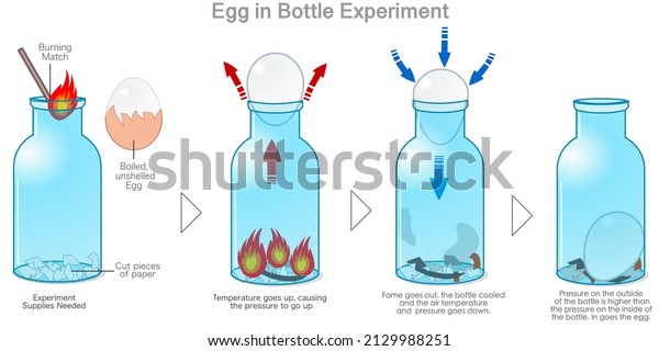 Egg in a bottle experiment. Air pressure.\
Boiled, unshelled egg get sucked into glass. When temperature goes\
up, pressure goes up and down test, stages. scientific\
demonstration. Vector\
illustration
