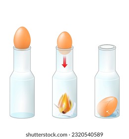 Egg in a bottle. Experiment. using fire to push an egg into a glass bottle. Vacuum Experiment at home. Vector illustration 