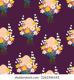 Egg bouquet seamless pattern. Cute narcissus flowers with pussy willow and egg. Vector illustration