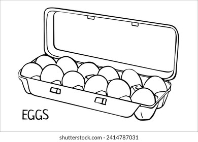 Caja de huevos. Huevos de pollo envasados en caja, recipiente. Ilustración aislada del esquema vectorial del doodle para granjas, afiches, tarjetas, productos de la granja de aves de corral, menú, diseño de libros de cocina, ilustración biológica