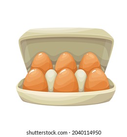 Egg box with six brown chicken eggs, carton pack or container vector illustration