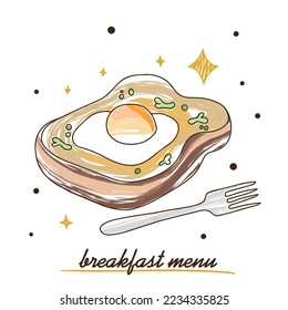 Ei mit Brot, köstliches Toast, Frühstücksmenü, bunte Dodle-Illustration