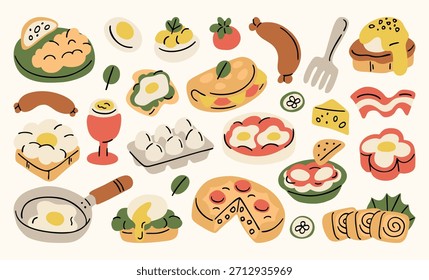 Eierfrühstück-Kollektion mit Omelett, Toast, Würstchen, Shakshuka und gemütlichen Brunch-Elementen im verspielten Cartoon-Stil