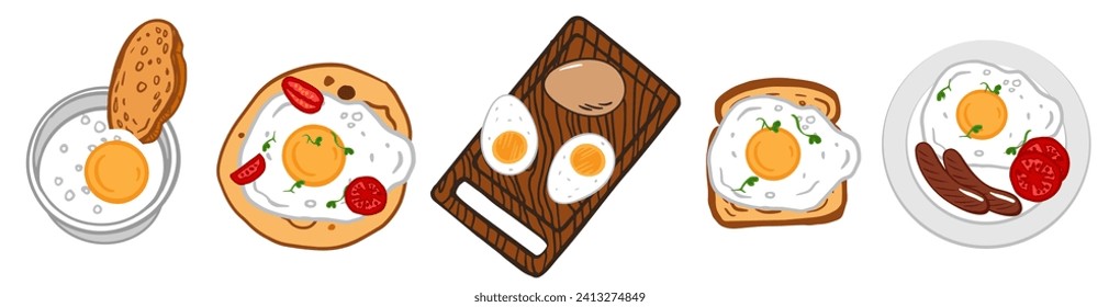 Egg breakfast. Different egg dishes set. Vector doodle color illustration isolated on white for restaurant, cafe menu, cookbook, recipe, coupon, poster design. Cocotte, tacos, fried egg, egg toast.