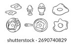 Egg breakfast set with eggs and pans and plates line art outline, monochrome hand drawn. Vector illustration.
