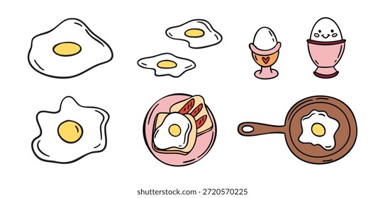 Eierfrühstück-Set mit Eiern und Pfannen und Tellern, gemütlich handgezeichnete Doodle-Stil. Vektorgrafik.