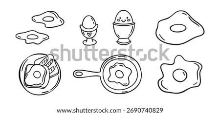 Egg breakfast set with eggs and pans and plates line art outline, monochrome hand drawn. Vector illustration.