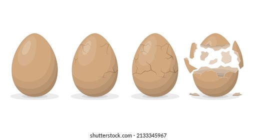 Egg breaking sequence isolated on white background. Farm chicken eggshell cracking stages. Hatching chick stages. Cracked eggs with eggshell pieces. Easter elements design. Vector illustration