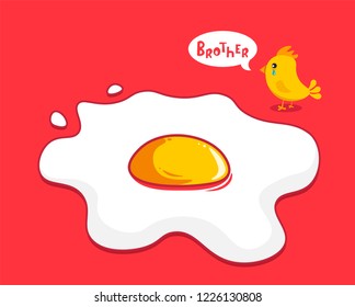Egg is broken, the chicken is crying. Fried egg on red background. Vector flat illustration.