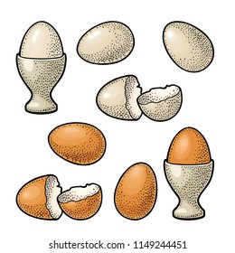 Egg and broken shell. Vintage color and black vector engraving illustration for poster and label. Isolated on white background.